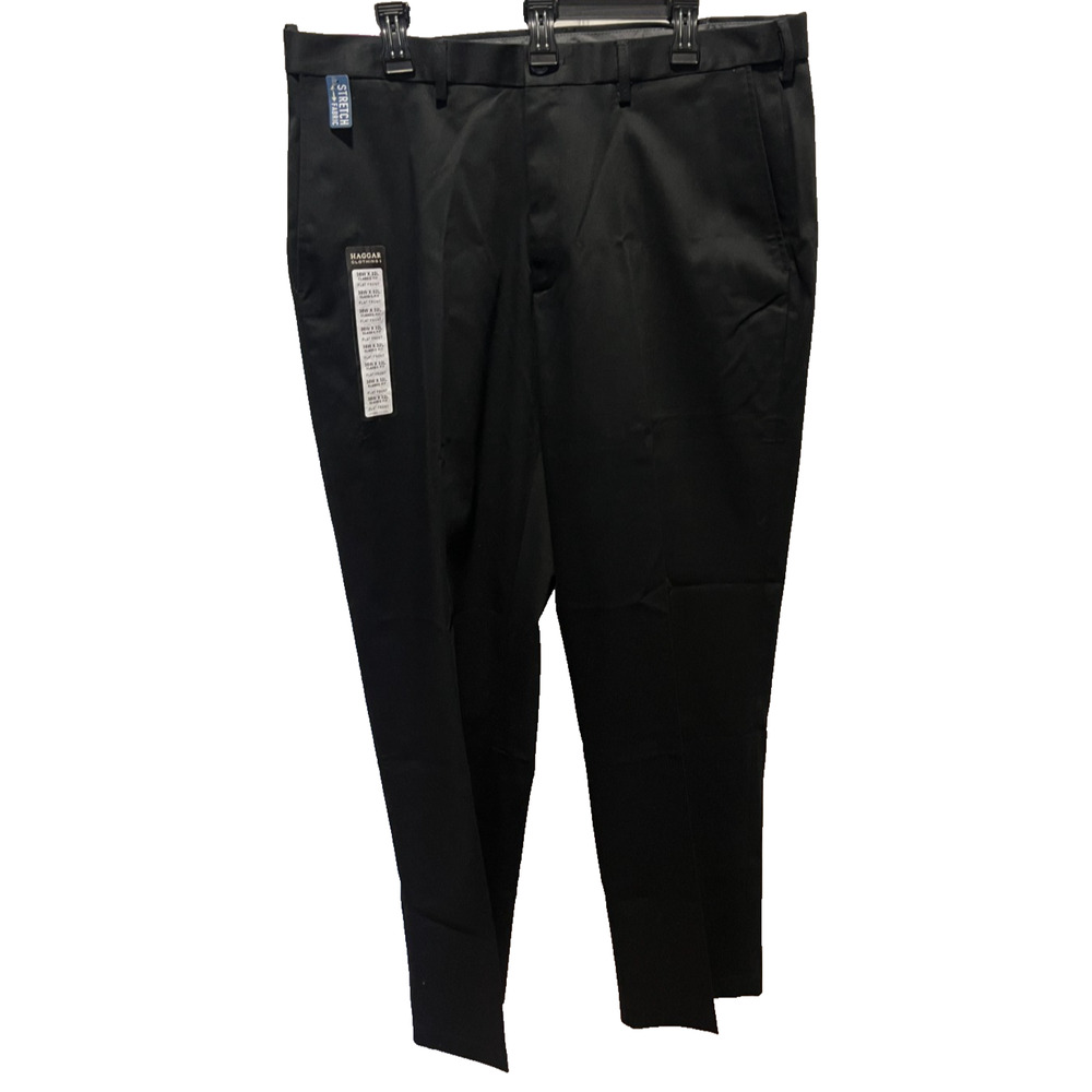Haggar Mens No Iron Premium Khaki Straight Fit Flat Front Flex Pants 38X32 Black